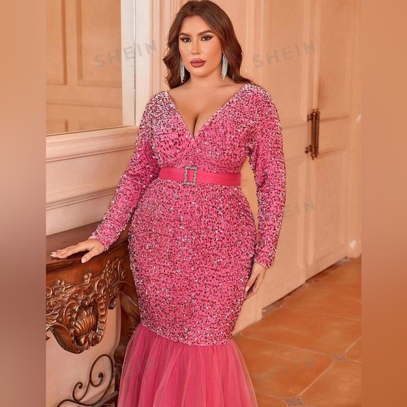 Pink Luxurious Beaded Sequin Rhinestone Long sleeve Elegant FormalEvening Dress - Picture 5 of 12